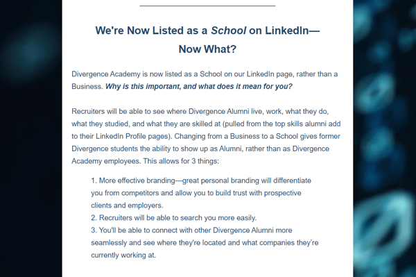 career services | November Newsletter LinkedIn feature | Divergence Academy
